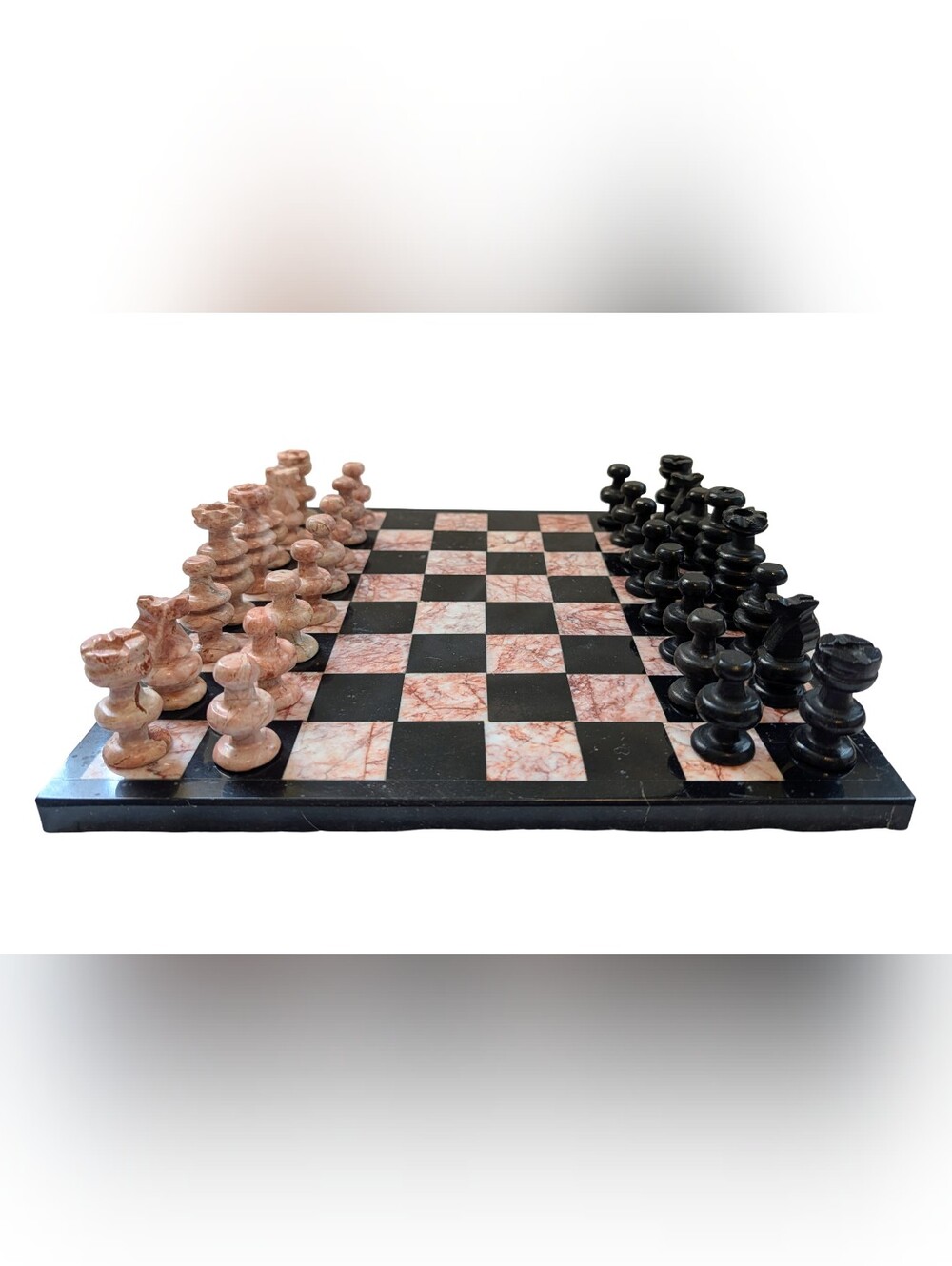 Vintage Chess Set Handcrafted Pink Rose Polished Marble Black Onyx 10.75"